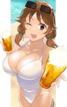  1girl ;d alcohol ashita_(2010) beach beer breasts brown_eyes brown_hair cleavage collarbone commentary_request cup eyewear_on_head glasses highleg highleg_swimsuit holding holding_cup idolmaster idolmaster_cinderella_girls katagiri_sanae large_breasts looking_at_viewer medium_hair ocean one-piece_swimsuit one_eye_closed open_mouth short_twintails smile solo swimsuit thighs twintails white_one-piece_swimsuit 