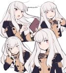  1girl :&lt; blush book buttons closed_mouth commentary cropped_torso do_m_kaeru fire_emblem fire_emblem:_three_houses floating_hair garreg_mach_monastery_uniform hand_on_own_face holding holding_book long_hair long_sleeves looking_at_viewer lysithea_von_ordelia multiple_views pink_eyes simple_background sweat twitter_username uniform white_background white_hair 