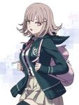  1girl animal_bag backpack bag breasts brown_hair collared_shirt danganronpa_(series) danganronpa_2:_goodbye_despair flipped_hair galaga hair_ornament hood jacket long_sleeves looking_at_viewer mechnmechn medium_hair nanami_chiaki neck_ribbon open_clothes open_jacket pink_bag pink_eyes pink_ribbon ribbon shirt skirt solo thighhighs white_shirt 