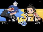  2boys 4sssst arm_up artist_name black_hair black_jacket black_ribbon blue_eyes blue_hair character_name closed_mouth crossover emolga expressionless gekkoukan_high_school_uniform hair_over_one_eye hair_slicked_back headphones headphones_around_neck holding holding_poke_ball jacket litwick long_sleeves male_focus mole mole_under_eye multiple_boys neck_ribbon on_head on_shoulder open_clothes open_jacket persona persona_3 pixel_art poke_ball poke_ball_(basic) pokemon pokemon_(creature) pokemon_on_head pokemon_on_shoulder ribbon scarf school_uniform short_hair smile suspenders twitter_username upper_body vs yellow_scarf 