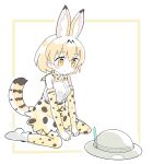  1girl animal_ear_fluff animal_ears blonde_hair blush boots bow bowtie breasts brown_background closed_mouth commission elbow_gloves gloves grey_hat hair_between_eyes hat highres kemono_friends kibisake outline print_bow print_bowtie print_gloves print_skirt print_thighhighs serval_(kemono_friends) shirt sitting skeb_commission skirt sleeveless sleeveless_shirt small_breasts solo striped_tail tail thighhighs thighhighs_under_boots two-tone_background unworn_hat unworn_headwear wariza white_background white_footwear white_outline white_shirt yellow_bow yellow_bowtie yellow_eyes yellow_gloves yellow_skirt yellow_thighhighs 