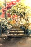  dappled_sunlight day fence_post forest highres nature no_humans original painting_(medium) path plant scenery shadow shimizu_megumi_(m_acquerello) sunlight traditional_media watercolor_(medium) 