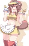  1girl :d absurdres animal_ears apron bare_arms bare_shoulders blush bone_hair_ornament braid breasts brown_eyes brown_hair cartoon_bone cleavage commentary_request crop_top dog_ears dog_girl dog_tail doggy_god&#039;s_street drop_shadow fang food french_fries frilled_apron frills hair_ornament hair_over_shoulder highres holding holding_tray hololive inugami_korone looking_at_viewer low_twintails medium_breasts midriff navel official_alternate_costume red_thighhighs roller_skates shirt skates skirt sleeveless sleeveless_shirt smile solo standing standing_on_one_leg tail thighhighs tray twin_braids twintails umberblack virtual_youtuber visor_cap waist_apron white_apron white_background white_footwear yellow_shirt yellow_skirt 