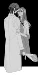 1boy 1girl arknights bouquet doctor_(arknights) greyscale hairband highres holding holding_bouquet holding_hands kaifei_(kaifei_29) lab_coat long_hair male_doctor_(arknights) monochrome neckerchief priestess_(arknights) short_hair simple_background smile turtleneck 