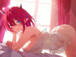  1girl absurdres ass bare_shoulders bed blue_eyes breasts cleavage curtains dress earrings hair_between_eyes head_rest heterochromia highres hololive hololive_english horns indoors irys_(casualrys)_(hololive) irys_(hololive) jewelry jiang_ye_kiri large_breasts medium_hair off_shoulder pink_eyes pointy_ears red_hair smile solo strap_slip virtual_youtuber white_dress window 