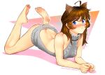  1girl absurdres ahoge all_fours animal_ears ass bare_arms bare_legs bare_shoulders barefoot blue_eyes blush breasts brooke_(mleth) brown_hair feet fingernails full_body grey_sweater highres long_hair lying meme_attire mleth nose_blush on_stomach shadow small_breasts soles solo sweater the_pose virgin_killer_sweater 