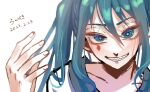  1girl absurdres aqua_eyes aqua_hair collarbone commentary dated facial_tattoo fingernails gang_attack_(vocaloid) grin hand_up hatsune_miku highres long_hair looking_at_viewer sharp_teeth simple_background smile solo sunwestmt tagme tattoo teeth translation_request twintails upper_body vocaloid white_background 