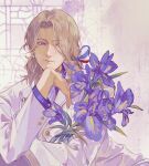  1boy axis_powers_hetalia blonde_hair bouquet chinese_commentary closed_mouth collared_shirt curtained_hair earrings flower formal france_(hetalia) french_flag hair_over_one_eye hair_ribbon half-closed_eyes head_rest highres holding holding_flower indoors jacket jewelry lapel_pin lapels long_sleeves looking_at_viewer male_focus medium_hair mengxiaheqing parted_bangs purple_eyes purple_flower purple_theme red_ribbon ribbon shirt sitting smile solo suit upper_body white_jacket white_suit 