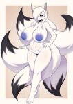 anthro big_breasts black_sclera blue_eyes breasts collar dipstick_tail domestic_cat felid feline felis female fur genitals hair hands_on_hips hi_res isha_aito mammal markings multi_tail nude pussy solo tail tail_markings tailzkim white_body white_fur white_hair 