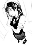  1girl absurdres breast_hold breasts closed_mouth collared_shirt commentary_request from_above greyscale hand_on_own_cheek hand_on_own_face highres loafers long_hair love_live! love_live!_nijigasaki_high_school_idol_club monochrome neck_ribbon nijigasaki_academy_school_uniform pleated_skirt ribbon school_uniform shirt shoes short_sleeves sidelocks skirt solo standing summer_uniform tommer vest yuki_setsuna_(love_live!) 