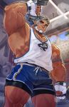  1boy abs arm_up armpits bara beard blue_eyes blue_shorts bulge facial_hair fingerless_gloves gloves gym highres holding_dumbbell indie_virtual_youtuber kaito_navigator looking_at_viewer looking_down male_focus mixed-language_commentary muscular muscular_male mustache_stubble pectorals ponytail scar scar_on_face scar_on_nose shorts smile stubble sweat syukapong tank_top veins veiny_arms very_sweaty white_gloves white_tank_top 