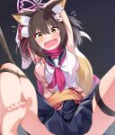  1girl absurdres animal_ear_fluff animal_ears armpits arms_up barefoot black_bathighs blue_archive blue_skirt brown_hair commentary_request fishnet_thighhighs fishnets fox_ears fox_girl fox_hair_ornament fox_tail halo highres izuna_(blue_archive) looking_at_viewer nayuta0603 neckerchief open_mouth pink_halo red_neckerchief restrained rope school_uniform serafuku short_hair single_thighhigh skirt soles solo tail thighhighs toenails toes yellow_eyes 