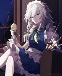  1girl :/ apron armchair blood blood_on_weapon blue_dress blue_eyes bow bowtie braid chair closed_mouth commentary crossed_legs dress green_bow green_bowtie grey_hair hair_between_eyes hair_bow holding holding_knife holding_pocket_watch indoors izayoi_sakuya izuse_reki knife long_hair looking_at_object maid maid_headdress night night_sky on_chair pocket_watch puffy_short_sleeves puffy_sleeves shirt short_sleeves sitting sky solo touhou twin_braids waist_apron watch weapon white_apron white_shirt 