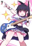  1girl :o \m/ animal_ears arm_up black_choker black_hair black_jacket black_wristband blue_archive blunt_bangs bob_cut bracelet cat_ears cat_girl choker clothes_around_waist colored_inner_hair commentary_request earrings electric_guitar english_text extra_ears guitar halo highres holding holding_instrument holding_plectrum hot instrument jacket jacket_around_waist jewelry kazusa_(band)_(blue_archive) kazusa_(blue_archive) looking_at_viewer multicolored_hair music official_alternate_costume panties pantyshot playing_instrument pleated_skirt plectrum print_shirt red_eyes sarashi shasa2456 shirt short_hair short_sleeves sidelocks simple_background skirt solo t-shirt two-tone_hair underwear v-shaped_eyebrows white_background white_panties white_shirt white_skirt 