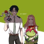  1boy 1girl artist_name bean32 belt black_eyes black_hair black_pants brown_belt brown_eyes brown_hair closed_eyes collared_shirt digimon digimon_(creature) digimon_on_shoulder flower glasses gomamon green_background grey_necktie highres kido_jo long_hair looking_at_viewer necktie palmon pants petals pink_eyes pink_hair plant_monster sharp_teeth shirt short_hair short_sleeves tachikawa_mimi teeth two-tone_background white_background white_shirt 