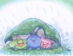  &gt;_&lt; :3 blush_stickers bright_pupils closed_eyes dated evolutionary_line happy hoppip jumpluff leaf_umbrella no_humans on_grass open_mouth outdoors pokemon pokemon_(creature) rain red_eyes shuri_(syurigame) signature skiploom water_drop white_pupils 