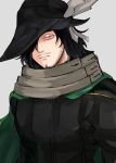  1boy 2elu2 absurdres bags_under_eyes black_coat black_hair black_hat bloodshot_eyes boku_no_hero_academia cape closed_mouth coat eraser_head_(boku_no_hero_academia) facial_hair green_cape grey_background grey_scarf hair_over_one_eye hat hat_feather highres looking_at_viewer male_focus messy_hair mustache red_eyes scarf simple_background solo sparse_stubble upper_body 