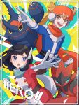  1boy 1girl :d :o aroma_0404 barry_(pokemon) barry_(special_costume)_(pokemon) belt black_hair blonde_hair blue_eyes blue_jumpsuit buttons character_name clenched_hand eyelashes gloves green_scarf hair_ornament heracross highres jumpsuit mega_heracross mega_scizor official_alternate_costume open_mouth orange_scarf outstretched_arm pointing pokemon pokemon_(creature) pokemon_masters_ex scarf scizor selene_(pokemon) selene_(special_costume)_(pokemon) smile teeth upper_teeth_only white_gloves 