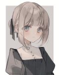  1girl :| black_dress black_ribbon blue_eyes blush border closed_mouth dress expressionless grey_background grey_hair hair_bun hair_ribbon highres juliet_sleeves kyuumura long_bangs long_sleeves looking_at_viewer original outside_border puffy_sleeves ribbon sidelocks simple_background solo upper_body white_border 