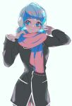  1girl black_jacket blue_background blue_eyes blue_hair closed_mouth headband highres jacket light_blush looking_to_the_side marinette_dupain-cheng miraculous_ladybug pink_shawl seio_(nao_miragggcc45) shawl short_twintails simple_background solo twintails 