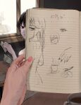  2girls black_eyes black_hair book bookmark cafe closed_mouth commentary_request cup drawing_(object) dress empty_eyes highres holding_bookmark indoors long_hair looking_at_viewer looking_back multiple_girls notebook old old_woman open_book potpourri-san_(vocaloid) pov pov_hands short_sleeves song_name split_theme table teacup translation_request utatane_(roko_utatane0) vocaloid white_dress window 