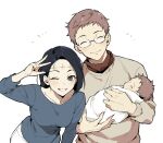  1girl 2boys ^_^ arm_up baby black_eyes black_hair blue_shirt brown_hair brown_sweater closed_eyes closed_mouth cowboy_shot family glasses grin holding_baby itadori_jin itadori_kaori itadori_yuuji jujutsu_kaisen long_sleeves multiple_boys one_eye_closed pants shirt short_hair simple_background smile standing sweater teeth v white_background white_pants yuden_33 