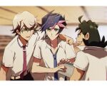  3boys arm_around_shoulder arm_up bad_id bad_lofter_id belt black_hair black_pants blue_hair blue_necktie classroom clenched_hand closed_eyes collared_shirt day fujiki_yusaku green-framed_eyewear green_eyes grey_hair hands_up happy highres holding homura_takeru indoors loose_necktie male_focus medium_hair multicolored_hair multiple_boys naoki_(2rzmcaizerails6) necktie nervous_smile open_mouth pants pink_hair popped_collar purple_necktie red_hair shima_naoki shirt short_hair short_sleeves smile spiked_hair streaked_hair sweatdrop teeth upper_body upper_teeth_only white_background yu-gi-oh! yu-gi-oh!_vrains 
