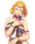  1girl armlet bare_shoulders bracelet braid breasts circlet collarbone crown_braid crying dress earrings eorinamo green_eyes highres holding holding_sword holding_weapon jewelry master_sword medium_breasts necklace parted_bangs pointy_ears princess_zelda short_hair sidelocks solo strapless strapless_dress sword teardrop_facial_mark tears the_legend_of_zelda the_legend_of_zelda:_tears_of_the_kingdom triforce twitter_username upper_body weapon white_background white_dress 