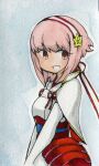  1girl 7mmnote breasts fire_emblem fire_emblem_fates hairband japanese_clothes looking_to_the_side miko open_mouth pink_hair red_eyes sakura_(fire_emblem) small_breasts upper_body white_hairband 