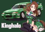  2girls animal_ears black_thighhighs brown_eyes buttons car character_name dress driving ear_covers frilled_dress frills garter_straps green_background green_dress green_theme horse_ears horse_girl horse_tail japanese_touring_car_championship kawakami_princess_(umamusume) king_halo_(umamusume) layered_dress motor_vehicle multiple_girls race_vehicle racecar smile tail thighhighs tomozo8674 umamusume 