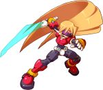  1boy absurdres armor assault_visor black_bodysuit blonde_hair bodysuit boots crotch_plate energy_sword facial_mark forehead_jewel forehead_mark girouette_(mega_man) green_eyes highres holding holding_sword holding_weapon long_hair makoto_yabe mega_man_(series) mega_man_zx model_z_(mega_man) official_art power_armor red_armor red_footwear simple_background solo sword weapon white_background 