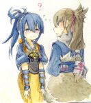  1boy 1girl 7mmnote ? armor blue_hair brown_eyes closed_mouth fire_emblem fire_emblem_fates grey_hair japanese_armor japanese_clothes looking_at_another oboro_(fire_emblem) takumi_(fire_emblem) 