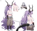  1girl absurdres arknights bare_shoulders black_gloves breasts brown_pants gloves hairband highres holding holding_sword holding_weapon horns large_breasts long_hair midriff pants ponytail purple_eyes purple_hair socks sword tail typhon_(arknights) very_long_hair weapon xooku 