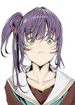  1girl :3 absurdres brown_dress closed_mouth collarbone commentary_request dress green_eyes green_neckerchief hasu_no_sora_school_uniform highres link!_like!_love_live! long_hair looking_at_viewer love_live! neckerchief otomune_kozue purple_hair sailor_collar school_uniform side_ponytail sidelocks solo tommer upper_body virtual_youtuber white_background white_sailor_collar winter_uniform 