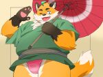 2024 anthro asian_clothing belly brown_body bulge canid canine clothed clothing east_asian_clothing fox fundoshi hi_res inunoshippo iyo_(tamacolle) japanese_clothing kemono male mammal one_eye_closed overweight overweight_male parasol red_clothing red_fundoshi red_underwear simple_background solo tamacolle underwear wink