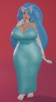  3d_(artwork) abstract_background anthro big_breasts blender_(artwork) blue_clothing blue_dress blue_hair breasts capcom cat_tail cleavage clothed clothing colored_nails darkstalkers deep_cleavage digital_media_(artwork) domestic_cat dress felicia_(darkstalkers) felid feline feline_ears felis female green_eyes hair hi_res huge_breasts looking_at_viewer mammal nails okabepom pupils red_nails slit_pupils solo sparkles sparkling_clothing sparkling_dress 
