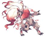  beniya_0608 body_fur claws colored_sclera commentary_request full_body gradient_hair grey_fur highres hisuian_zoroark long_hair multicolored_hair neck_fur no_humans open_mouth pokemon pokemon_(creature) red_hair sharp_teeth simple_background slit_pupils standing teeth white_background white_hair yellow_sclera 