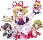  4girls :d ama-tou apron black_bow black_bowtie black_hair black_shirt black_skirt blonde_hair bloomers blue_eyes blush bow bowtie cake cake_slice collared_shirt commentary_request cup dress flower food fork frilled_apron frilled_shirt_collar frills fruit green_hair hair_bow hair_flower hair_ornament hair_ribbon hands_up hat holding holding_cup holding_fork holding_saucer holding_tray kazami_yuuka medicine_melancholy mini_hat multiple_girls petals puffy_short_sleeves puffy_sleeves red_bow red_bowtie red_dress red_eyes red_hat red_ribbon red_shirt red_skirt reitaisai ribbon ribbon-trimmed_skirt ribbon_trim saucer shameimaru_aya shirt short_sleeves simple_background skirt sleeveless sleeveless_dress smile strawberry su-san sunflower sunflower_hair_ornament teeth tokin_hat touhou tray upper_teeth_only white_apron white_background white_bloomers white_shirt yellow_flower 
