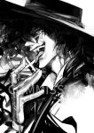  1boy alucard_(hellsing) black_hair collared_shirt commission cross glasses gloves greyscale grin hair_between_eyes hat hellsing highres holding holding_cross licking male_focus medium_hair messy_hair monochrome sharp_teeth shirt smile solo teeth tequilafunk tongue tongue_out upper_body vampire white_background 