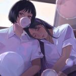  2girls black_hair blowing_bubbles brown_eyes closed_eyes closed_mouth collared_shirt commentary hanni_(newjeans) hashtag-only_commentary head_on_another&#039;s_shoulder highres indoors long_hair looking_at_viewer miix777 minji_(newjeans) multiple_girls newjeans real_life school_uniform shirt short_hair short_sleeves sleeping sleeping_on_person upper_body white_shirt 