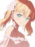  1girl aqua_eyes bare_shoulders blush choker closed_mouth collarbone commentary_request dress flower frilled_choker frills hair_flower hair_ornament highres hinoshita_kaho link!_like!_love_live! looking_at_viewer love_live! masaki_(masakinariya) medium_hair orange_hair pink_choker pink_dress shade smile solo twintails upper_body virtual_youtuber white_background 