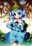  :3 absurdres backpack bag blue_eyes blue_hair blush hair_bobbles hair_ornament hat highres kawashiro_nitori key long_sleeves looking_at_viewer masaru.jp opal scan shirt skirt skirt_set smile solo sparkle string touhou twintails two_side_up vest wrench 