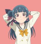  1girl arms_behind_back blue_hair blunt_bangs bow bowtie buttons check_commentary closed_mouth commentary_request dark_blue_hair double-breasted earrings feather_hair_ornament feathers frown genjitsu_no_yohane grey_sailor_collar hair_bun hair_ornament heart heart_earrings highres jewelry light_blush long_hair long_sleeves looking_at_viewer love_live! love_live!_sunshine!! pink_background pink_eyes sailor_collar sano_keiichi school_uniform self_cosplay serafuku shirt sidelocks simple_background single_side_bun solo split_mouth tsushima_yoshiko upper_body uranohoshi_school_uniform white_shirt winter_uniform yellow_bow yellow_bowtie yohane_(genjitsu_no_yohane) 