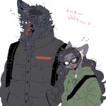  1boy 1girl animal_ear_fluff animal_ears backpack bag black-framed_eyewear black_bag black_fur black_hair black_jacket body_fur cat_ears cat_girl closed_eyes commentary_request dog_boy dog_ears fangs furry furry_female furry_male glasses green_hoodie grey_fur hands_in_pockets highres hood hood_down hoodie jacket long_hair looking_at_viewer open_mouth original rata_(norahasu) sharp_teeth shoulder_bag simple_background squeans teeth tongue tongue_out translation_request upper_body whiskers white_background yawning yellow_eyes 
