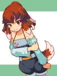  1girl animal_ears bare_shoulders borrowed_character breasts brown_eyes brown_hair closed_mouth dog_ears dog_girl dog_tail floppy_ears grabbing_own_arm hair_ribbon halterneck lillithlauda looking_at_viewer multicolored_hair original overall_shorts overalls pixel_art puffy_shorts purple_ribbon ribbon short_eyebrows shorts sidelocks small_breasts smile solo tail variant_set white_hair 