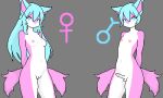 2_tails 5:3 anthro areola blue_hair breasts canid canine canis digital_media_(artwork) duo female fur genitals hair hi_res hikaridraws male male/female mammal medium_breasts multi_tail navel nude penis pink_areola pink_body pink_fur pixel_(artwork) pussy sarah_(hikaridraws) tail white_body white_fur wolf