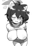  1girl ahoge animal_ears breasts buruma character_request commentary copyright_request greyscale gym_uniform large_breasts looking_at_viewer monochrome nipples one_eye_closed onkn_sxkn short_hair simple_background solo 