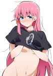  1girl black_shirt blue_eyes blush bocchi_the_rock! bottomless breasts commentary_request cube_hair_ornament gotoh_hitori hair_ornament hands_up highres long_hair looking_at_viewer navel one_side_up pink_hair sakura_1110ssmm shirt short_sleeves simple_background solo sweatdrop underboob wavy_mouth white_background 