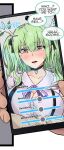  1boy 1girl antlers blush breasts cellphone ceres_fauna ceres_fauna_(jirai_kei) english_text green_hair heart highres holding holding_phone hololive hololive_english horns large_breasts long_hair looking_down mole mole_under_eye official_alternate_costume open_mouth phone rika_(akarika057) smartphone solo_focus sweat virtual_youtuber yellow_eyes 