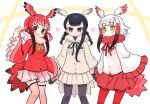  3girls :d bird_tail black-headed_ibis_(kemono_friends) black_gloves black_hair black_pantyhose black_ribbon blush braid brown_eyes brown_thighhighs closed_mouth commission frilled_sleeves frills fur-trimmed_jacket fur_collar fur_trim gloves grey_hair grey_jacket grey_skirt grey_wings hair_bobbles hair_ornament hand_up head_wings heart highres jacket japanese_crested_ibis_(kemono_friends) kemono_friends kibisake long_sleeves looking_at_viewer low_twintails multicolored_hair multiple_girls neck_ribbon outline pantyhose pleated_skirt red_eyes red_hair red_jacket red_pantyhose red_ribbon red_skirt red_wings ribbon scarlet_ibis_(kemono_friends) sidelocks skeb_commission skirt sleeves_past_fingers sleeves_past_wrists smile standing tail thighhighs twin_braids twintails two-tone_background two-tone_hair v-shaped_eyebrows white_background white_jacket white_outline wide_sleeves wings yellow_background yellow_eyes yellow_ribbon 